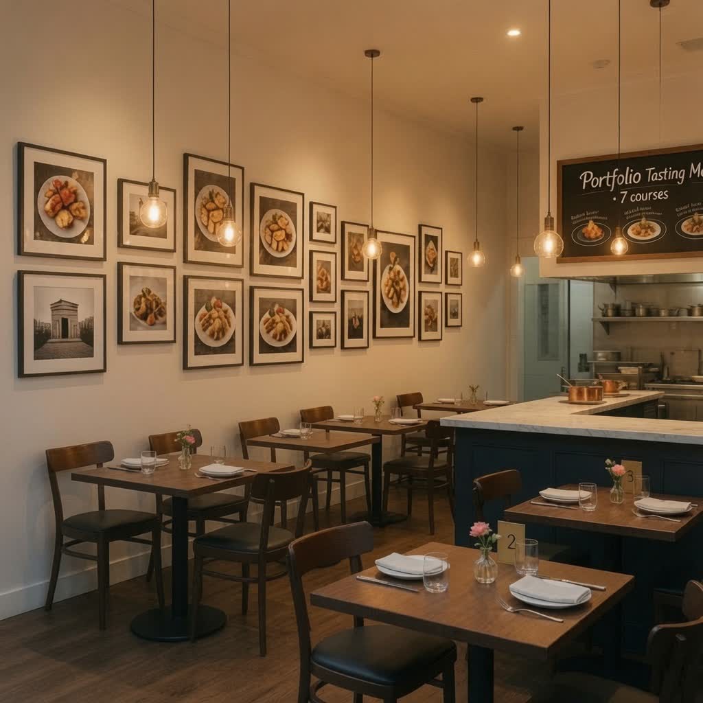 Dining-Bereich mit gedeckten Tischen und Wandbildern