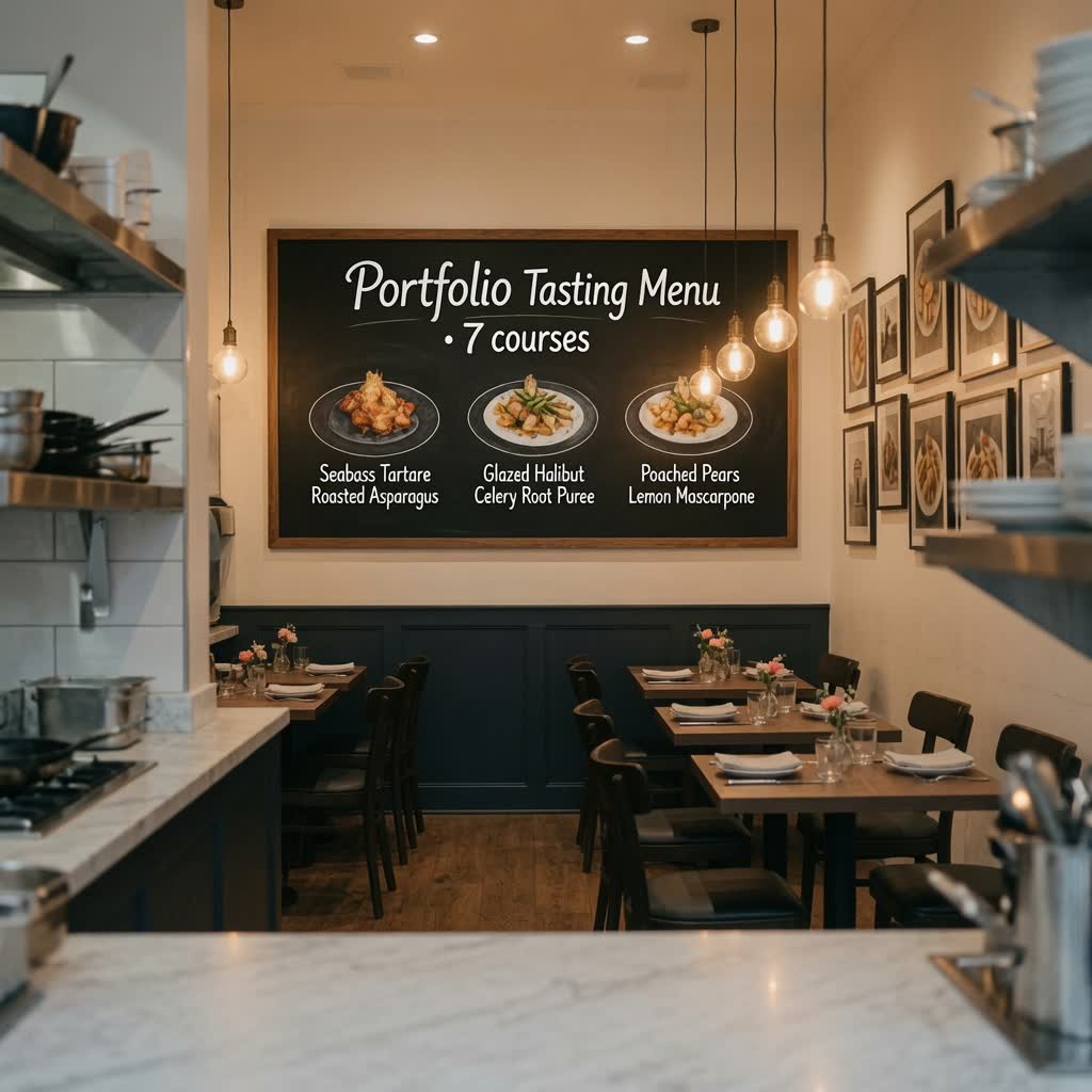 Wand mit Portfolio Tasting Menu und gerahmten Bildern