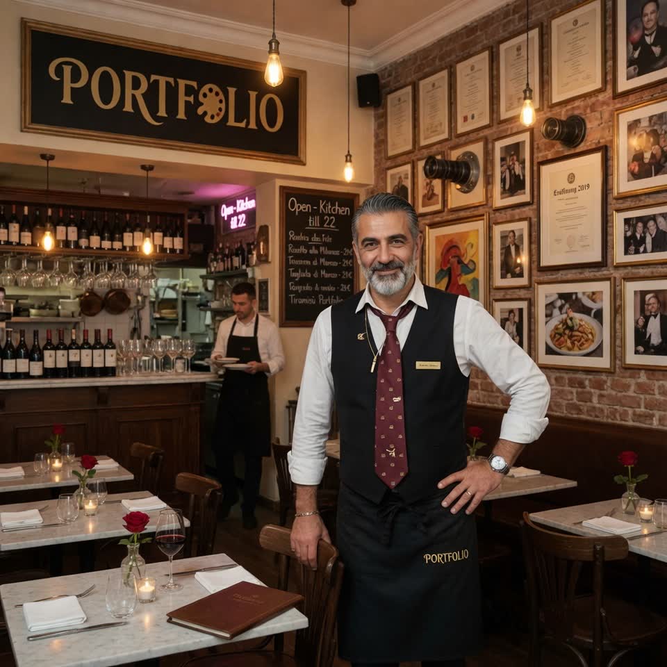 Der Gastgeber mit grauem Bart in weißem Hemd, Weste und roter Krawatte, lächelnd im eleganten Restaurant mit PORTFOLIO-Schild und Weinregalen im Hintergrund